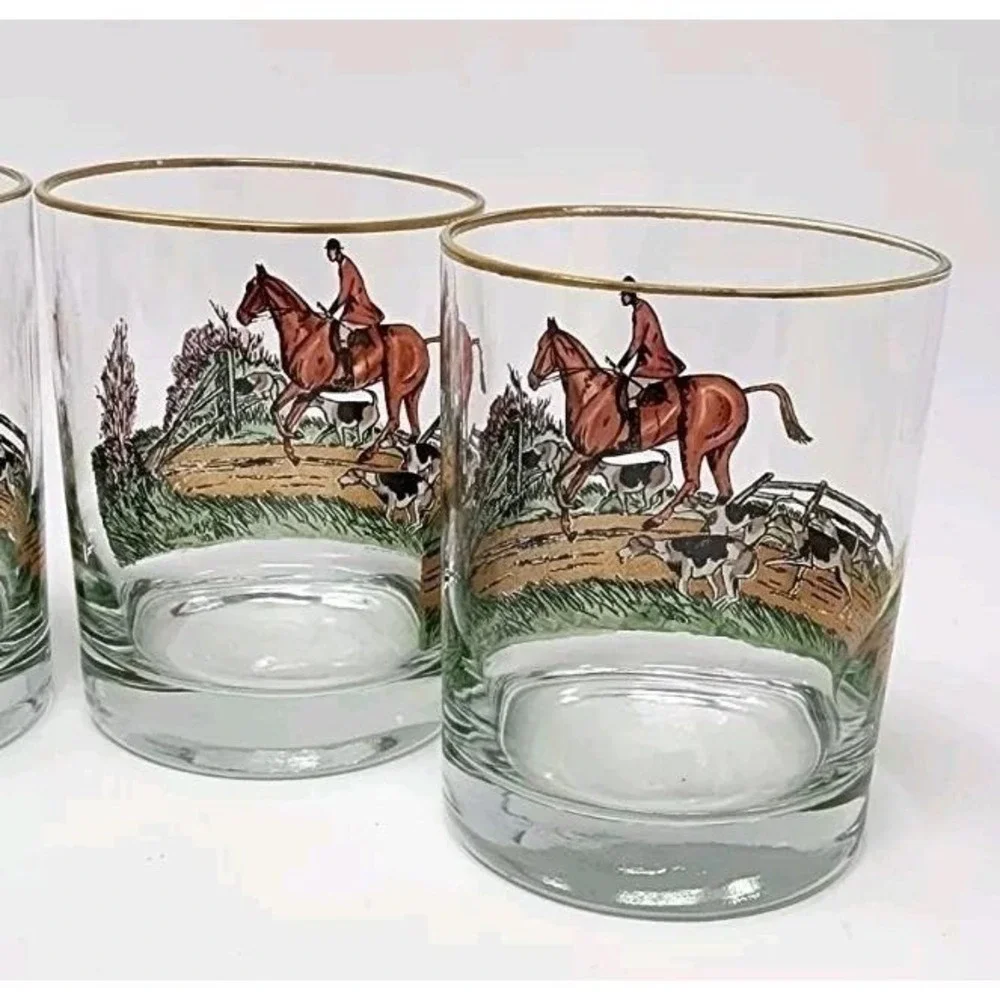 Set 4 Vtg 1940's R Kuntzsch 12oz Glasses Fox Hunt Scene Signed Equestrian Horses